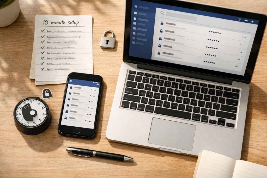 Checklist-style desk scene showing a 10-minute password manager setup on laptop and phone.