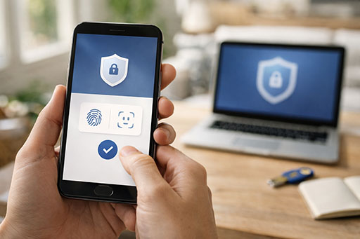 Phone showing passkey-style biometric sign-in with a laptop in the background.