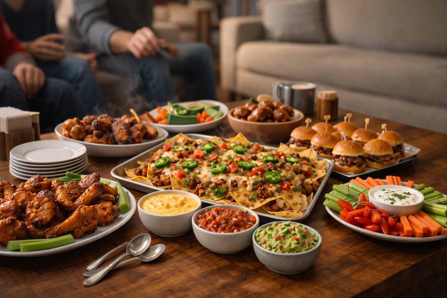 Game day snack spread with wings, nachos, dips, and sliders on a party table