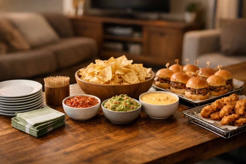 Buffet-style game day snack table arranged with chips, dips, and appetizers for easy serving