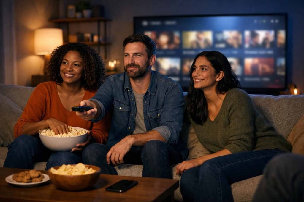 Americans choosing what to watch on a smart TV streaming interface in 2026