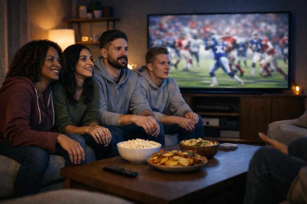 Friends watching live sports on a smart TV in an American living room