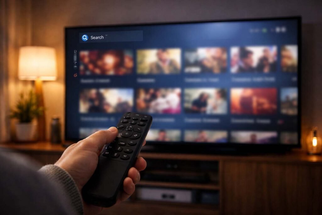 Smart TV streaming home screen with search bar and remote control