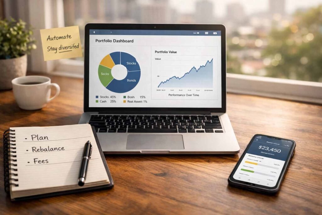Home office desk with a portfolio dashboard showing stocks, bonds, cash, and real assets for 2026 investing