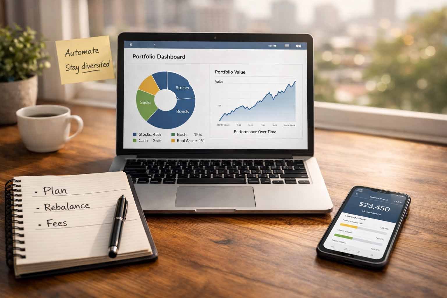 Home office desk with a portfolio dashboard showing stocks, bonds, cash, and real assets for 2026 investing