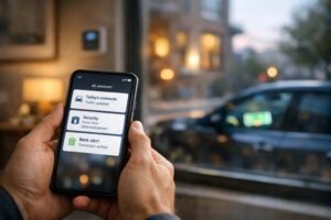 Smartphone showing everyday AI alerts for commute, security, and banking in a modern US morning.