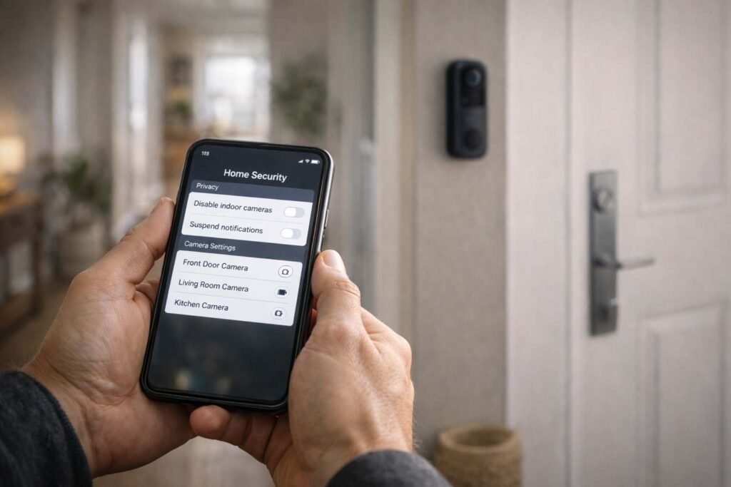 Homeowner reviewing smart home security and privacy settings on a phone.