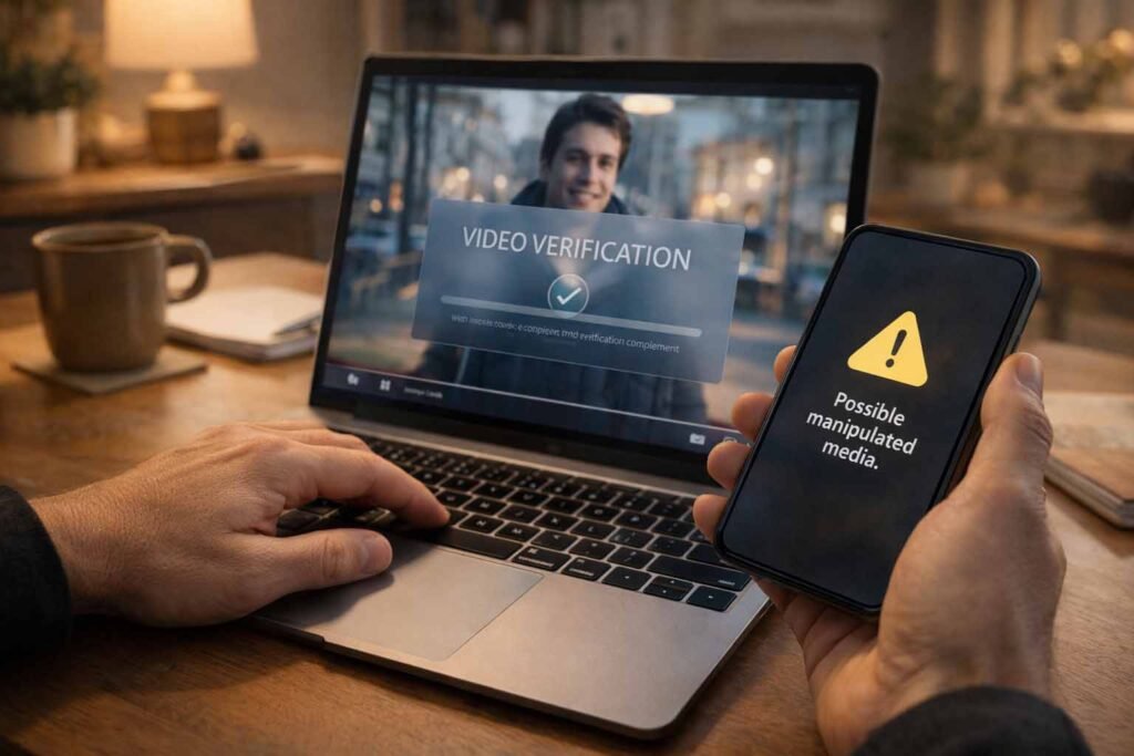 Person verifying a suspicious video on phone and laptop before sharing.