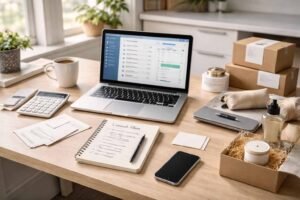 Organized home office desk with startup checklist, budget notes, and packing tools for a first-time seller.