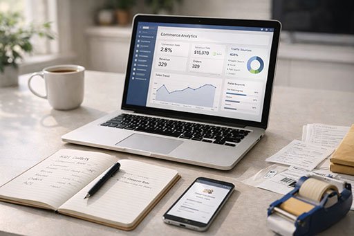 Ecommerce analytics dashboard on a laptop with KPI notes for weekly performance tracking.