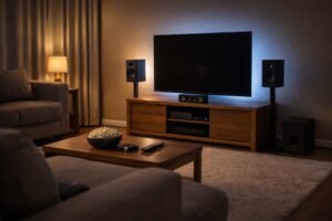 Budget home theater setup in a living room with TV, speakers, and subwoofer