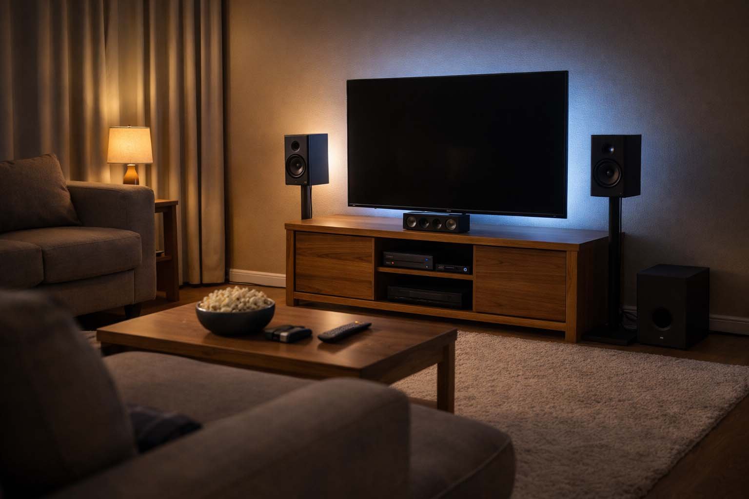 Budget home theater setup in a living room with TV, speakers, and subwoofer