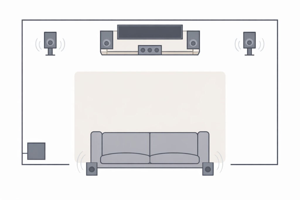 Speaker placement for a small room with couch against wall and surrounds mounted slightly above ear level