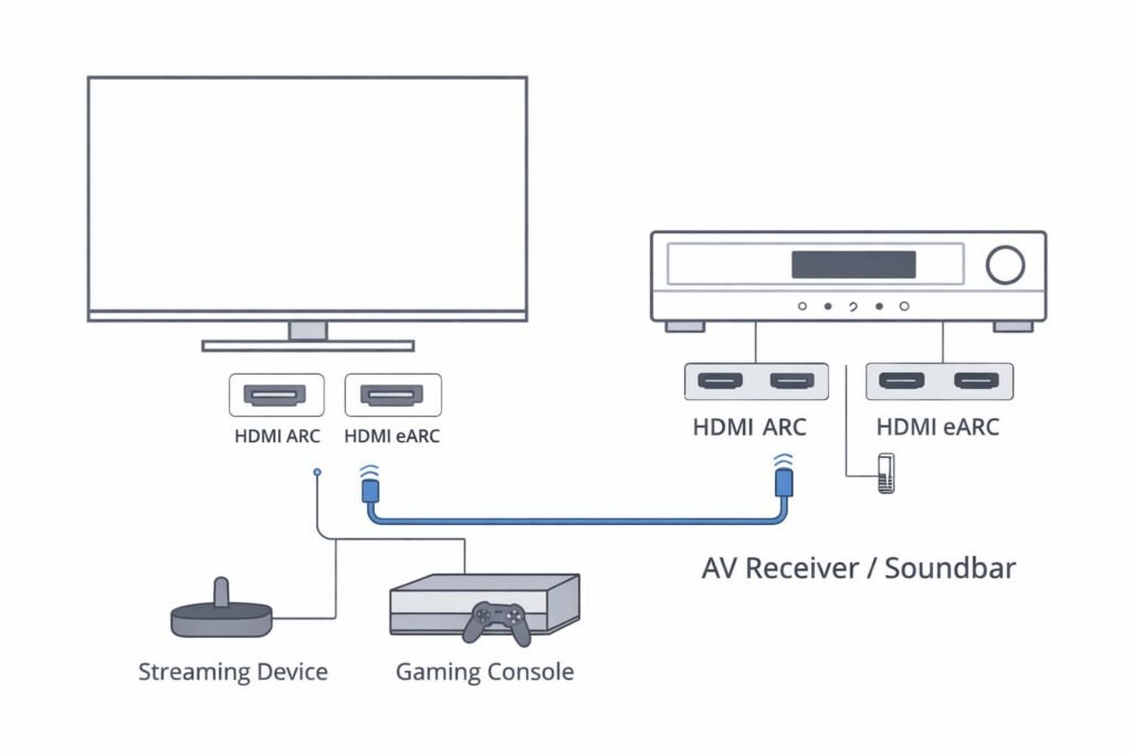 Diagram showing HDMI ARC and HDMI eARC connection between a TV and AV receiver
