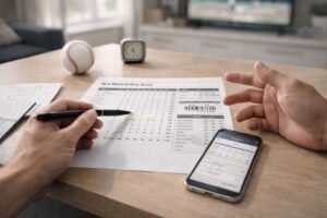 Hands using a pen to highlight a baseball box score on a table beside a phone showing game stats.
