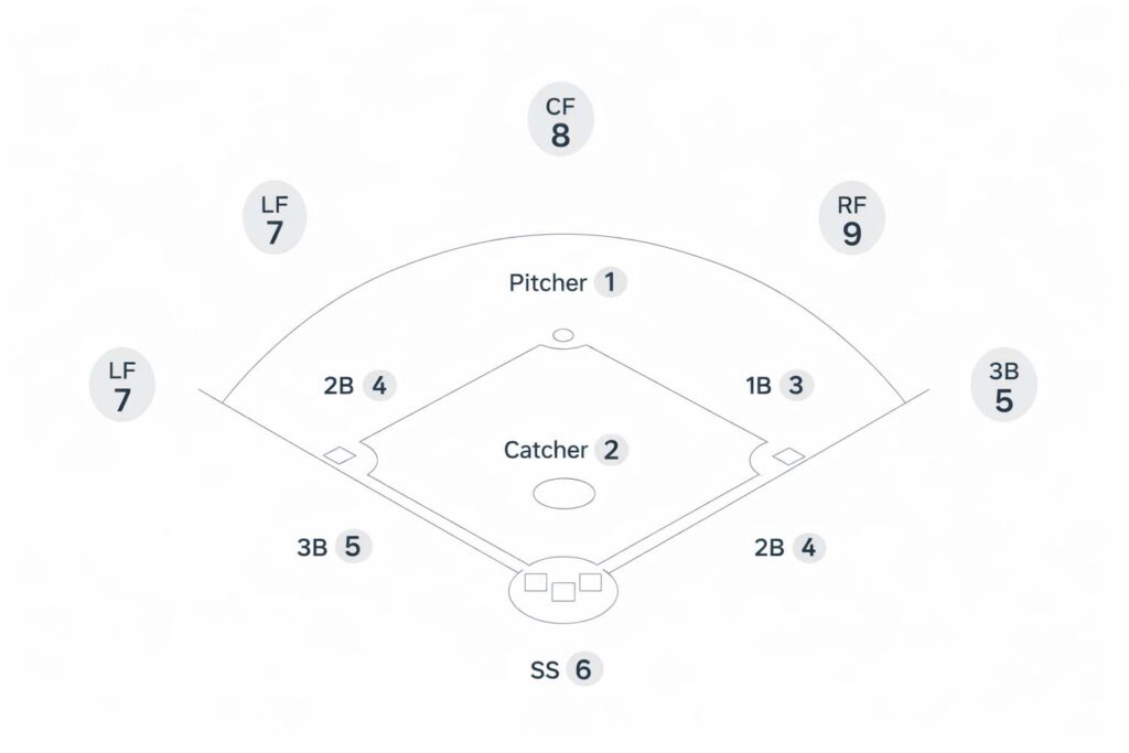 Baseball field diagram showing defensive position numbers 1 through 9.