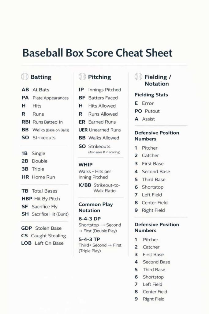 Printable baseball box score cheat sheet with common batting, pitching, and fielding abbreviations.
