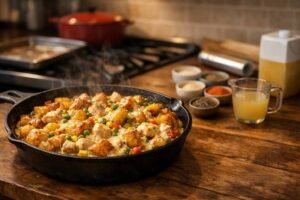 “One-pan American comfort food dinner in a cast iron skillet with potatoes, chicken, vegetables, and melted cheese