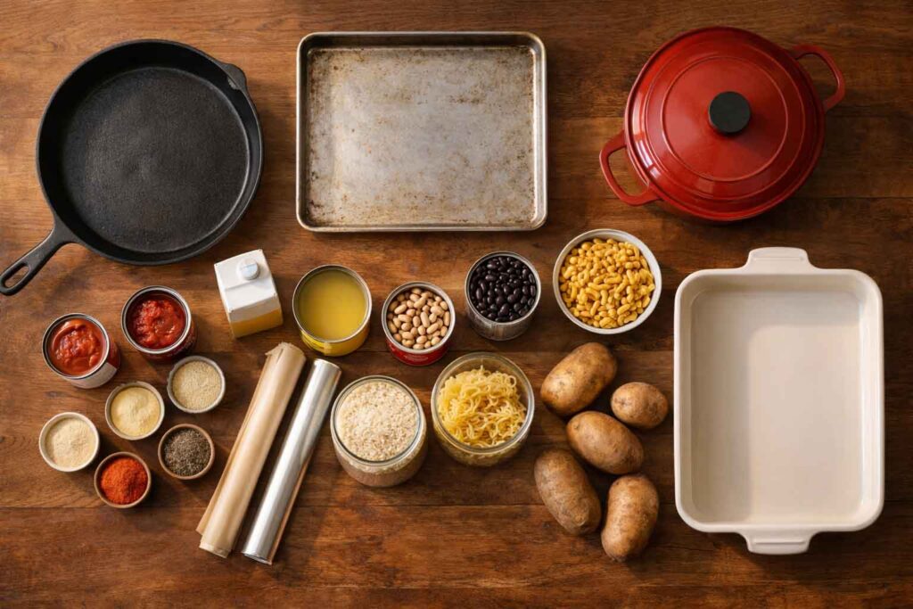 Flat lay of one-pan cooking tools and budget pantry staples for comfort meals