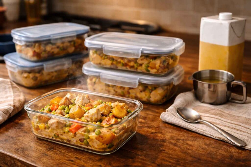 Portioned one-pan comfort food leftovers in meal prep containers ready to reheat