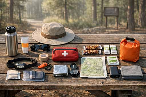 Budget-friendly day-hike essentials laid out for a US national park trip.
