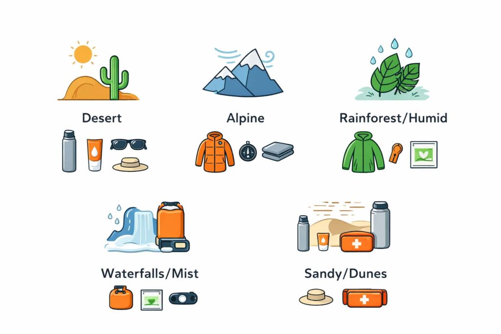 Visual guide to packing add-ons for different national park environments.