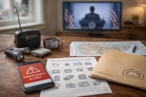 Preparedness items and a smartphone alert in a U.S. home during an emergency update