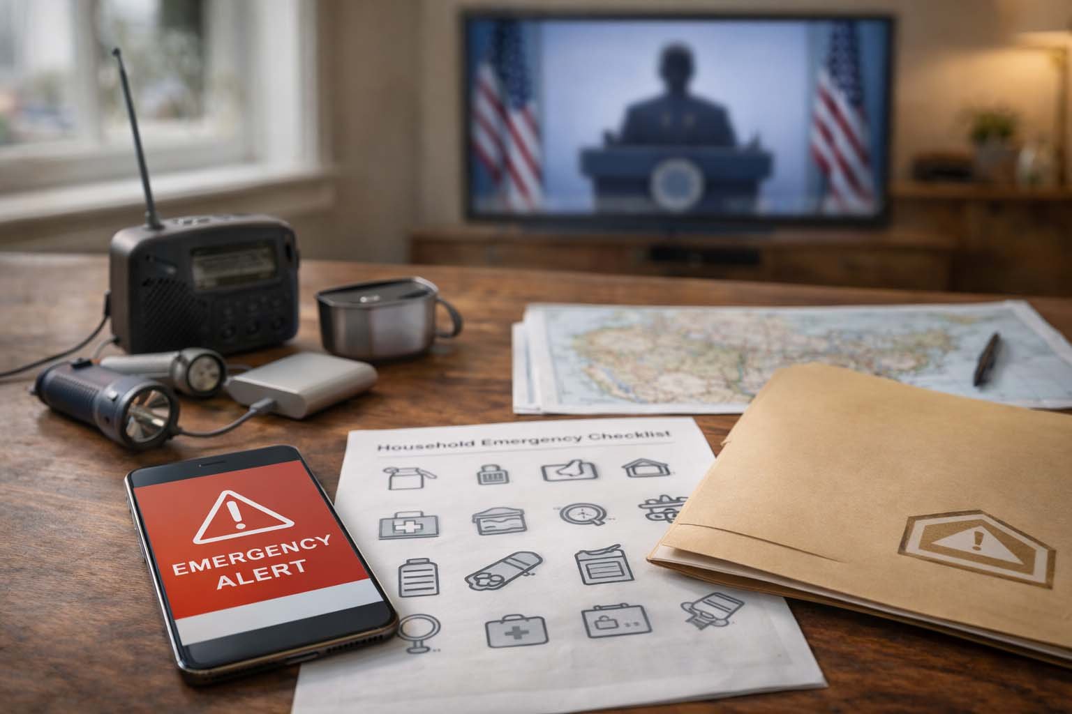 Preparedness items and a smartphone alert in a U.S. home during an emergency update
