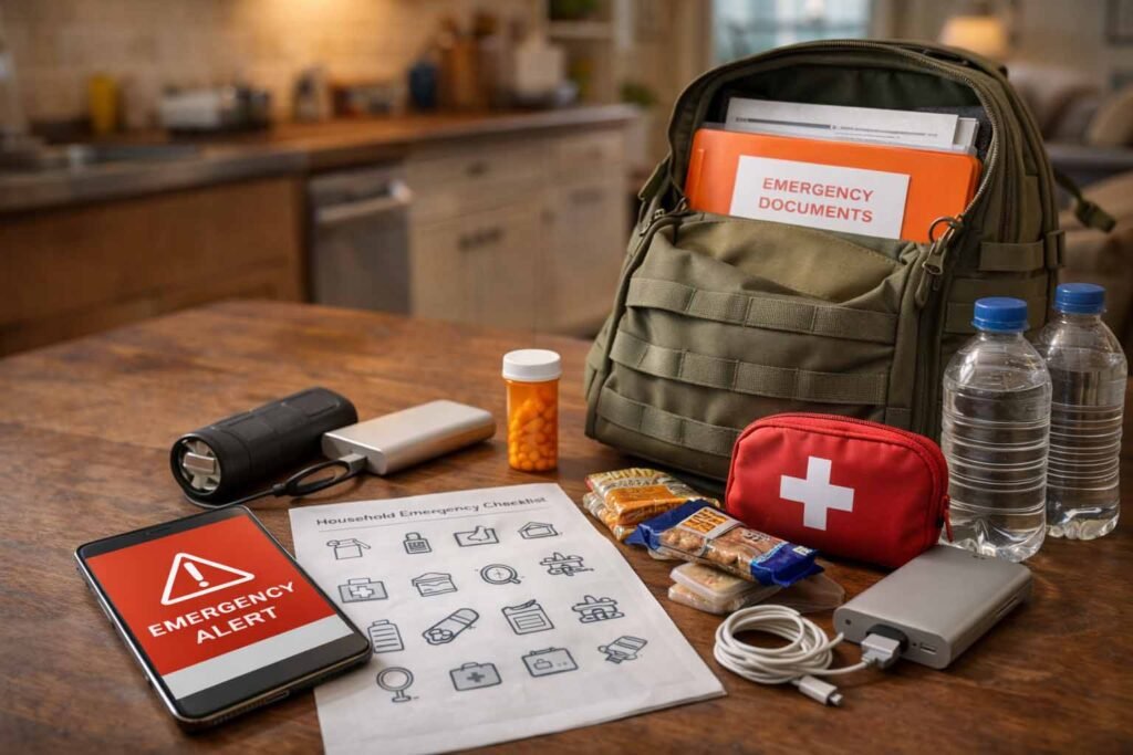 Evacuation go-bag with emergency documents, flashlight, and basic supplies on a table