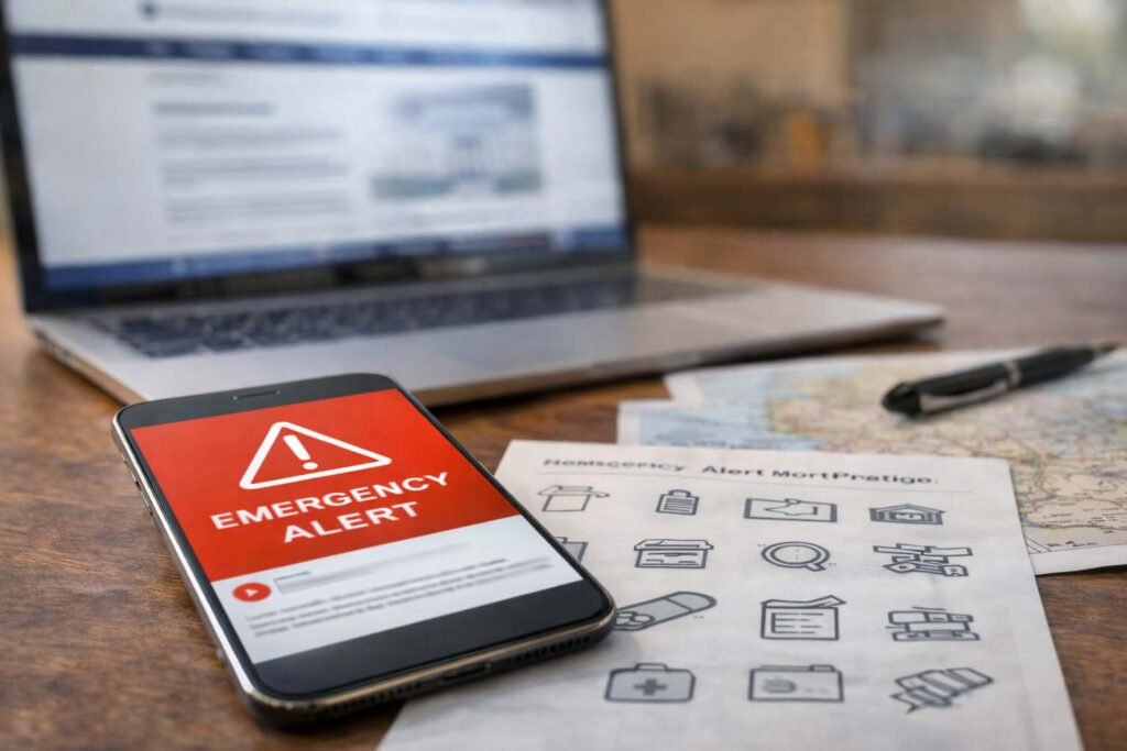 Smartphone showing an emergency alert while official sources are checked on a desk