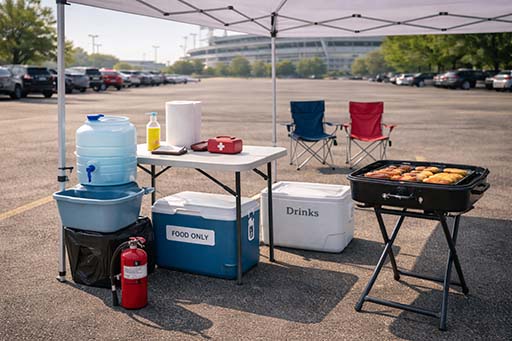  Tailgate safety setup with handwashing station, food-only cooler, and fire extinguisher near the grill.