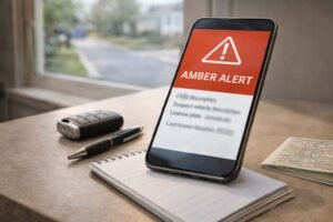 Phone showing a generic AMBER Alert notification beside a notepad and car keys, illustrating safe, prepared response