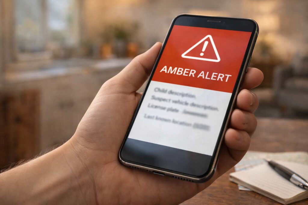 Hands holding a phone displaying a generic AMBER Alert notification with key details highlighted