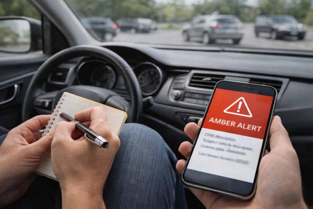 Person safely pulled over, writing down vehicle details to report an AMBER Alert tip