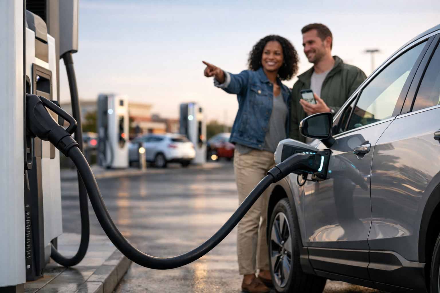 Electric crossover charging at a U.S. fast-charging station while drivers plan a trip on a smartphone.