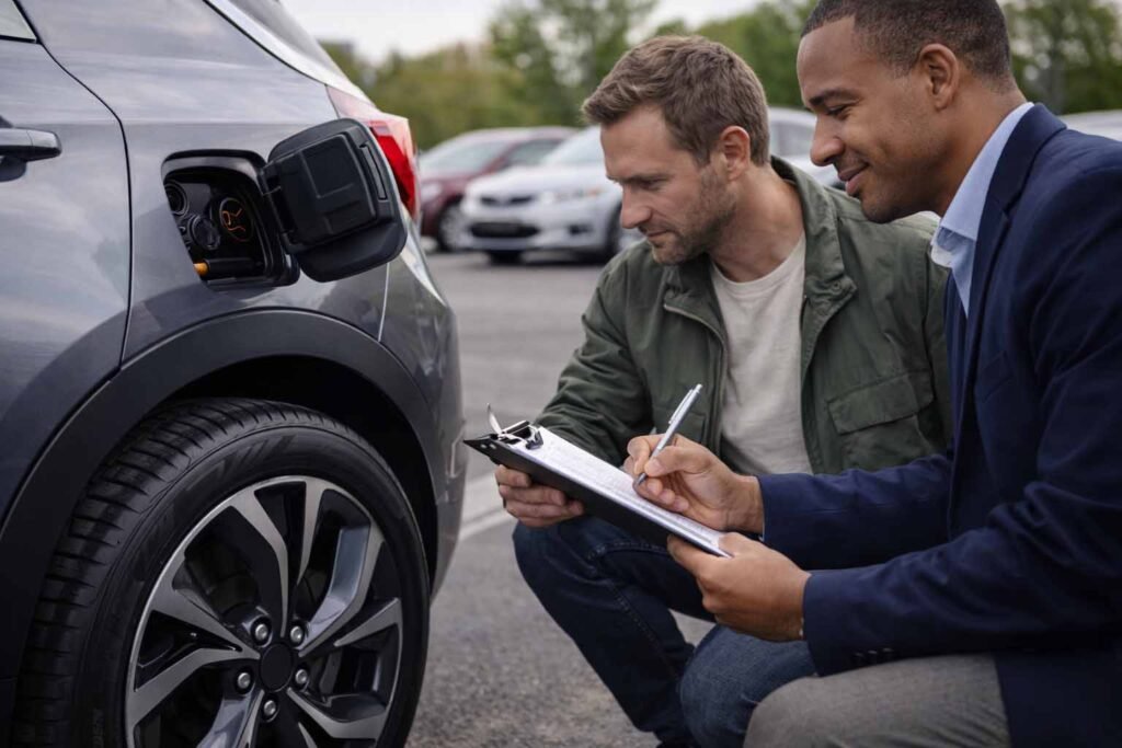 Buyer inspecting a used electric vehicle’s charging port and tires with a checklist.