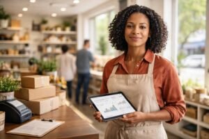 Small business owner in a U.S. storefront showing everyday operations and modern commerce tools