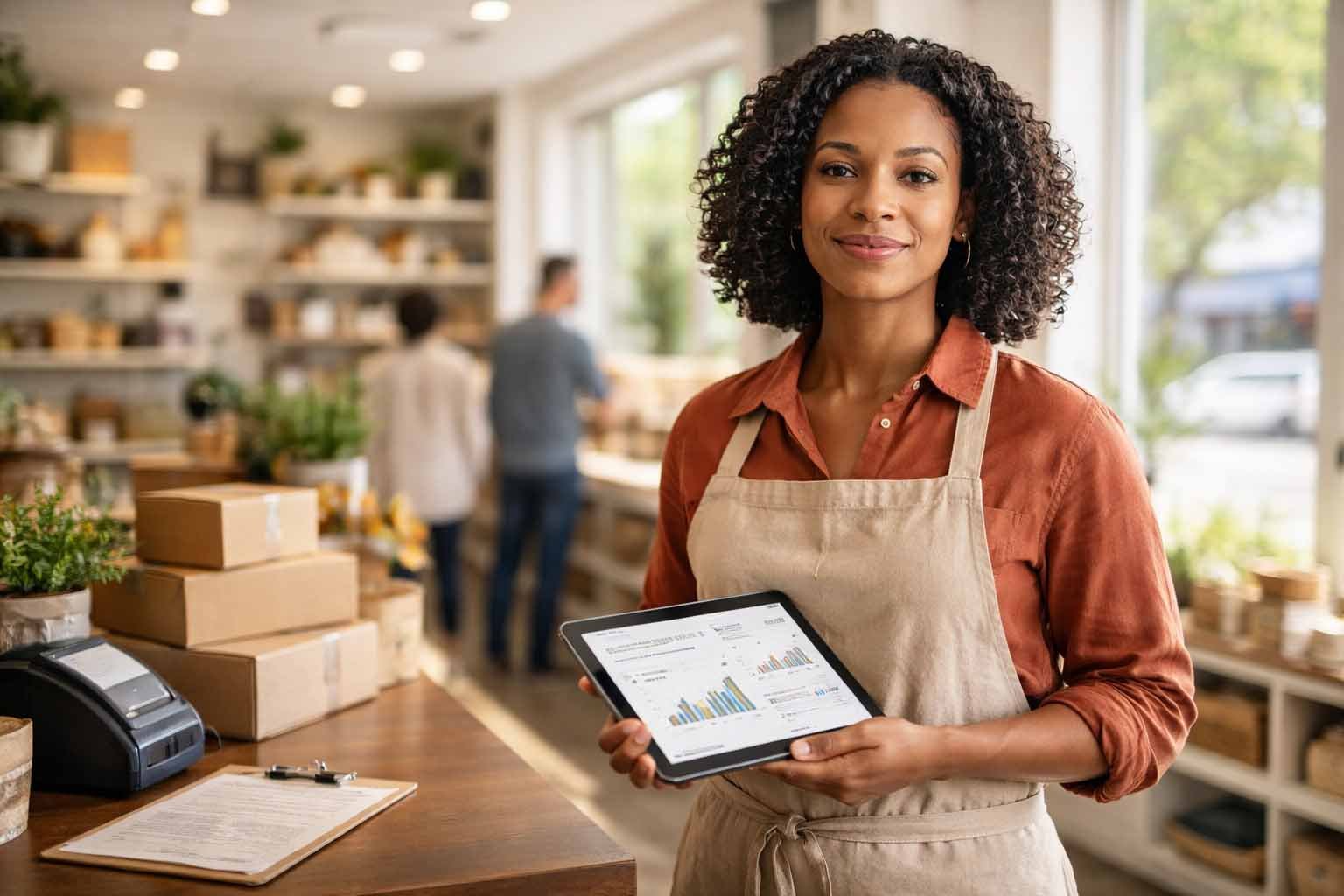Small business owner in a U.S. storefront showing everyday operations and modern commerce tools