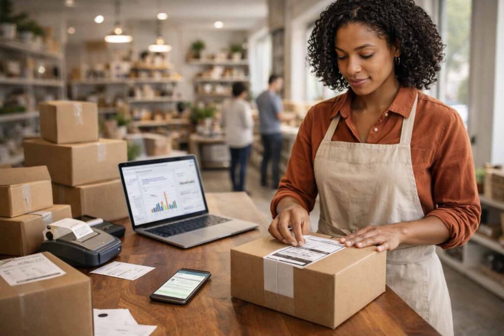 Small business owner packing online orders in a local shop using a laptop storefront dashboard