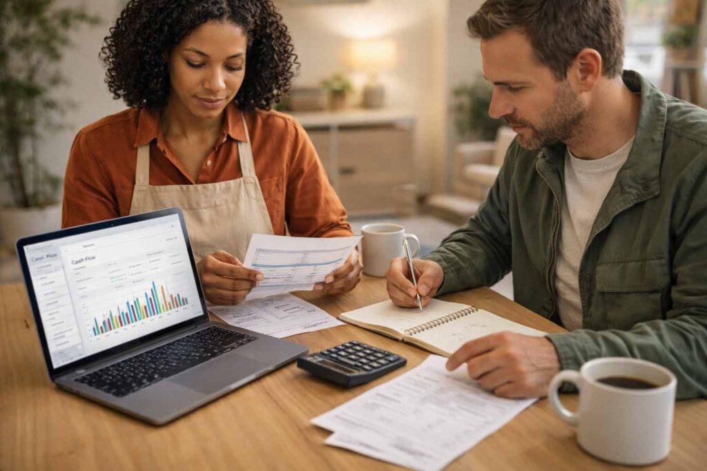 Small business owner reviewing cash flow and loan paperwork with an advisor at a desk