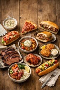Table spread of iconic American regional dishes including chowder, brisket, and poke