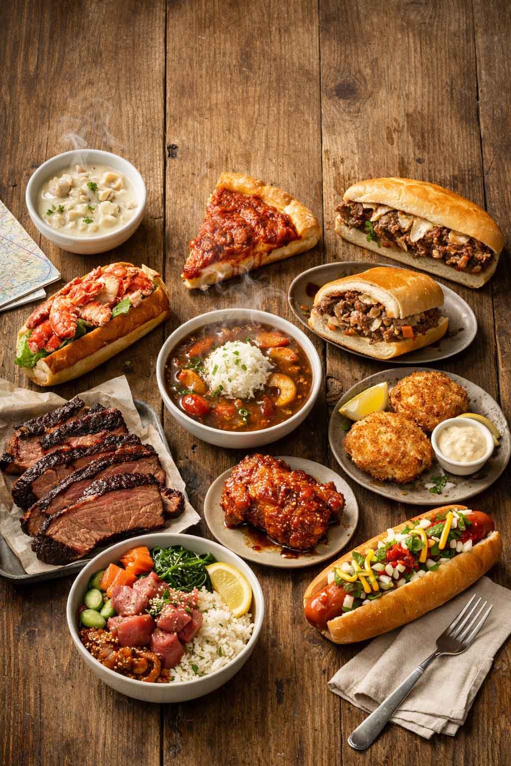 Table spread of iconic American regional dishes including chowder, brisket, and poke