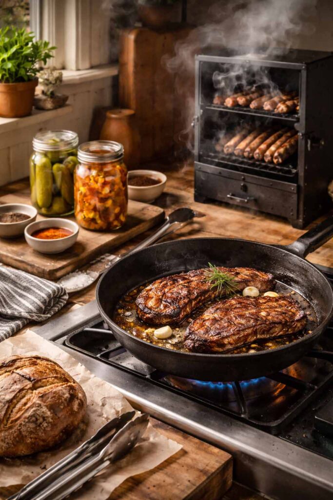 Kitchen scene showing cast iron cooking, smoking, and preserving ingredients