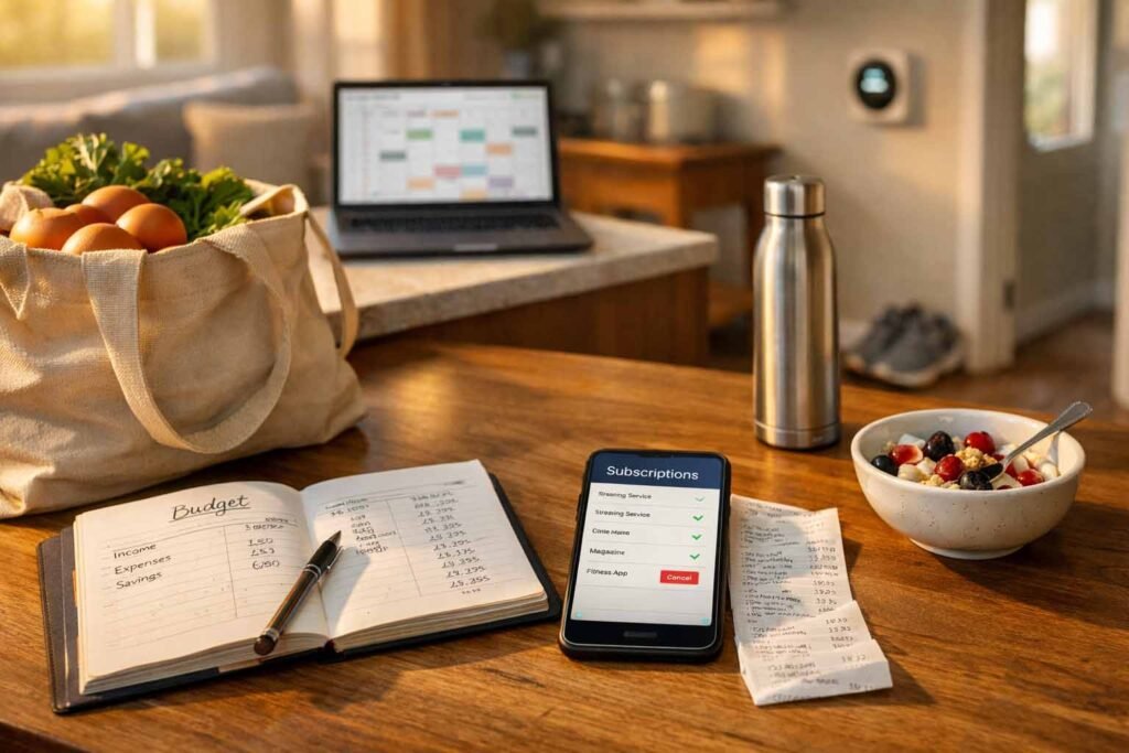 Modern American home scene showing budgeting, subscriptions, hybrid work calendar, and smart home energy cues
