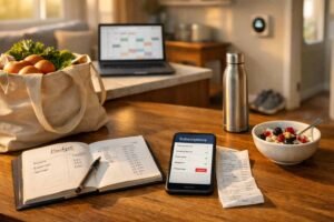 Modern American home scene showing budgeting, subscriptions, hybrid work calendar, and smart home energy cues