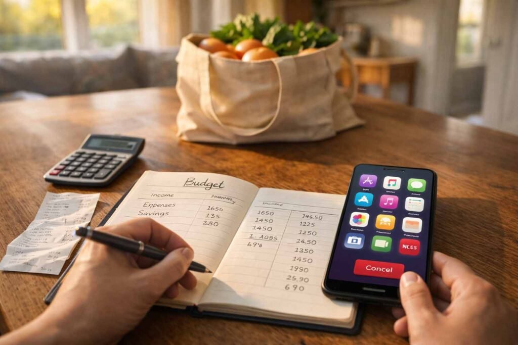 Person reviewing household budget with grocery receipt and subscription apps on a kitchen table