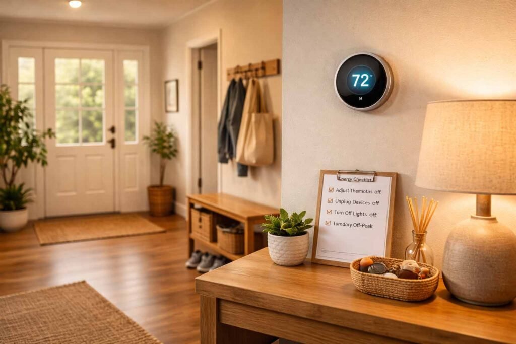 Organized U.S. home interior with smart thermostat and energy saving checklist